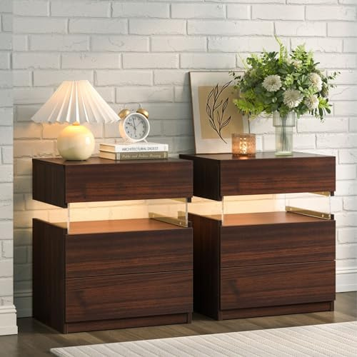 Cubehom - Mesitas de noche LED con cajones (2 unidades), mesa auxiliar moderna para dormitorio, sala de estar, oficina, nogal oscuro