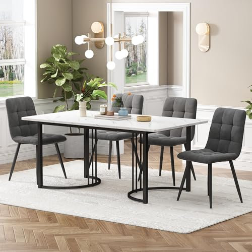KUAKE Esstisch-Set mit 140x80 cm, Essgruppe mit aus Leinen, Küchen-Esstisch für Zuhause & Familie, Schwarz Metall Tischbeine + (Dunkelgrau-B)