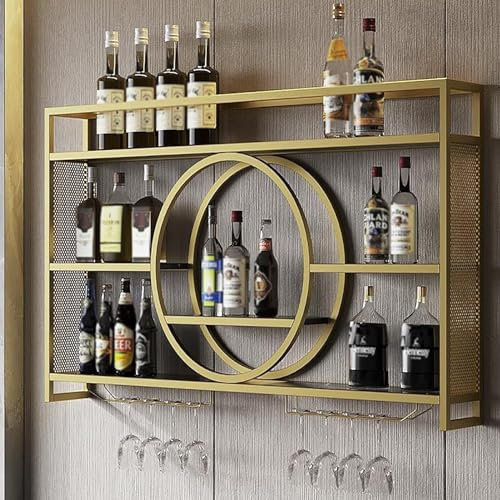 Modern Metal Wall Mounted Wine Display Rack, Wall-Mounted Wine Racks Wine Cabinet Inverted Wine Glass Rack Multifunctional Iron Wine Bottle Holder for Home Restaurant Bars(Size:120*15*80cm,Color:Gold)