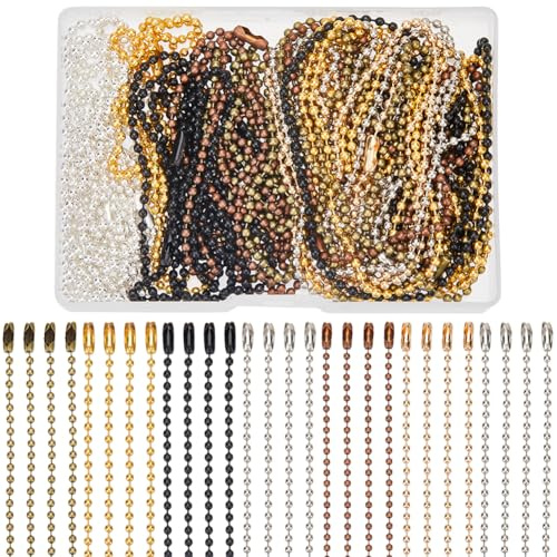 SOFPLATE 1 Box 28Pcs 23/60cm 2.5mm Beaded Necklace Chains Ball Bead Chain Bulk 7 Colors Iron Metal Bead Connector Clasp Tag Keychain Pull Extension Chain Roll for Dog Tag Necklace Hanging DIY Crafts