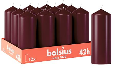 Bolsius Candele a pilastro lisce - Colore rosso bordeaux - 12 pezzi - 15 x 6 cm - Candele decorative per la casa - Durata 42 ore - Non profumate - Contiene cera vegetale naturale - Senza olio di palma