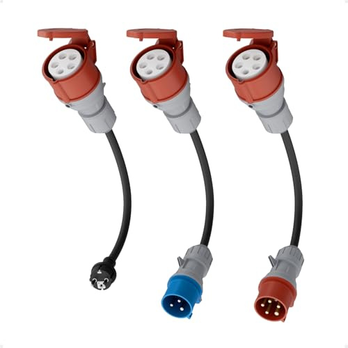 dé Set de Adaptador CEE 32A 5 Polos para 22kW Cargador EV/Estación de Carga a CEE Rojo 16A / Azul 16A / Enchufe Doméstico 230V con Cable de Goma 0,5m H07RN-F 3G2.5mm² IP44 Uso Exterior