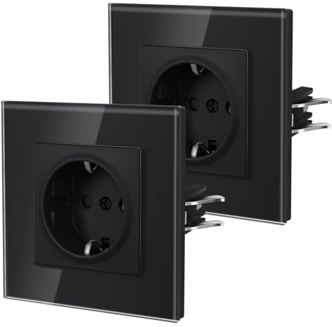 BSEED Enchufe Pared con Cristal,Enchufes Empotrable Estándar,Instalación Con Garfio,Conexión sin Destornillador,Seguridad infantil,E-Serie,1 Enchufe - 2 Paquetes,86mm Negro