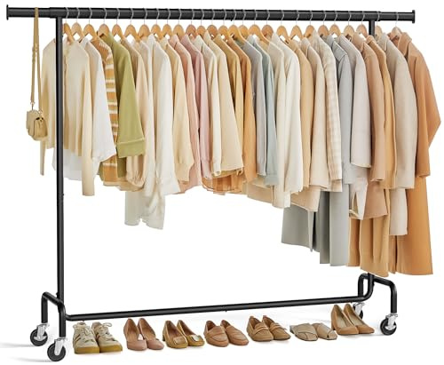 SONGMICS Stand Appendiabiti con Rotelle, Portabiti per Carico Pesante, Barra Estensibile, Portata 110 kg, 45 x (160-200) x 162,9 cm, Metallo Cromato, Nero Opaco HSR176B01