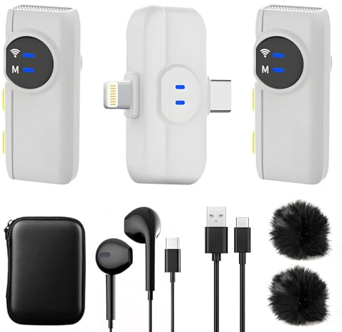 HZBWCO Kabelloses Lavalier-Mikrofon für iPhone, USB-C Mikrofon(2 in 1), KI-Rauschunterdrückung, mini Mikrofon für Vlogging, Video, Podcast, Interview, TikTok,YouTube-Aufnahme - Weiß (2 TX + 1 RX)