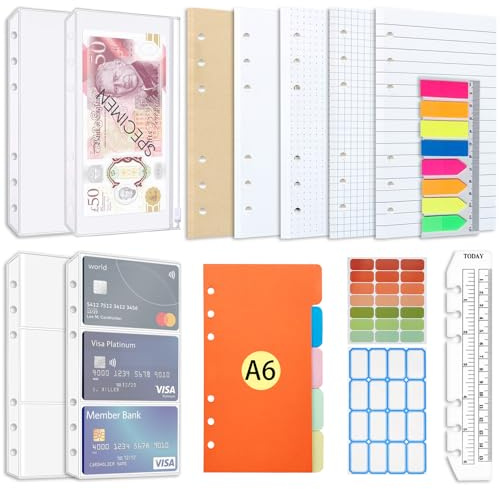 AQTAQ A6 Refill Paper Set, A6 Flipchart Paper with 6 Holes and Housekeeping Cards, Zip Pockets, Dividers, Rulers, Sticky Notes, Etc. for 6-Ring Binder Journal Notebook
