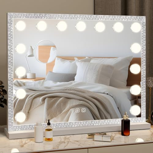eklipt Hollywood Schminkspiegel mit Beleuchtung mit RGB, Spiegel mit Beleuchtung, 15 LED Licht Dimmbare mit 3 Lichtfarben, 10-facher Vergrößerung, Touch Control, 58x46 cm, Weiß, für Schlafzimmerr