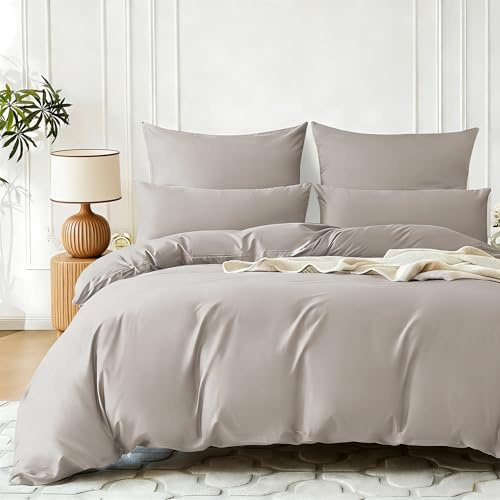 Gezu Housse de Couette Coton 200x200cm Satin de Coton Beige 100% Coton Cool Soie Soyeux Brillant Parure de Lit Coton à Longues Fibres Linge de Lit avec Fermeture Éclair et 2 Taies d'oreiller 65x65cm