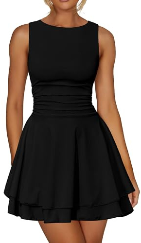 Kaximil Women's Ruffle Hem Boat Neck Mini Dress Sleeveless Ruched Corset Short Party Dresses, Large, Black
