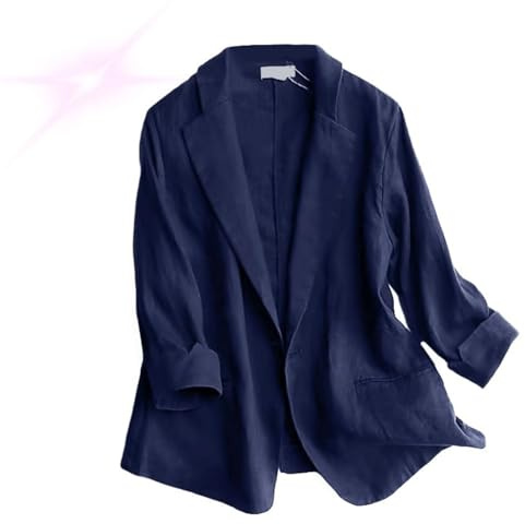 Generisch Leinenblazer für Damen im Sommer, leichte, lässige Arbeitsjacke aus Leinen mit einem Knopf, 3/4-Ärmel, Revers, Elegante Anzugjacke fürs Büro (Dunkelblau,M)