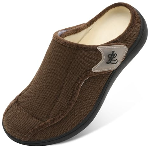 LeIsfIt Mens Slippers Wide Diabetic House Slippers Adjustable Slip On Warm Bedroom House Shoes for Edema Swollen Feet Indoor Outdoor Slipper Chocolate Size 11