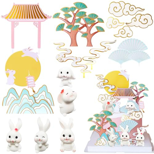 Knana 21Pcs Rabbit Cake Decoration Bunny Rabbit Cake Topper Chinese Rabbit Cake Decorations Baby Shower Birthday Party Supplies