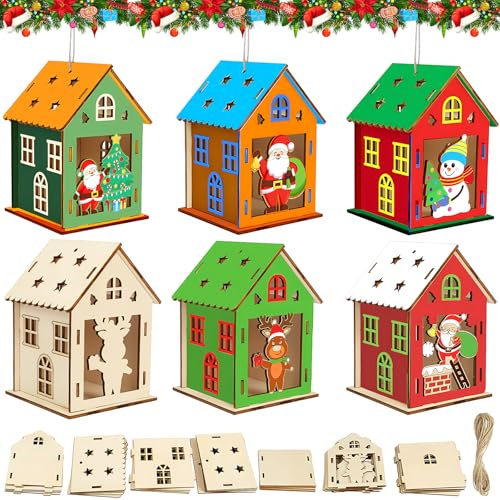 Seamart 5 Stück Weihnachtshaus Basteln Kinder Xmas Bastelset Holz Weihnachten Haus Kreativsets Weihnachten Deko Bastelset für Geschenk Winter Kreatives DIY Jungen Mädchen