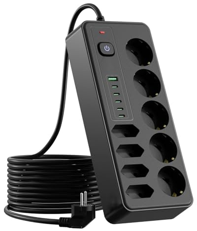 Ciabatta elettrica a 9 prese con 1 USB A e 5 5 Type-C, presa multipla con interruttore e protezione da sovratensione, Câble d'extension de 2,8 m, per casa e ufficio, Nero