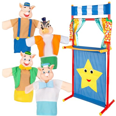 COLORBABY Cucu Show 39169 Ensemble théâtre marionnettes 25 cm Les Trois Petits cochons, 4 marionnettes Personnages du Conte, matériau Doux et sûr, Jouets pour Enfants, pour Jouer en Groupe ou Passer