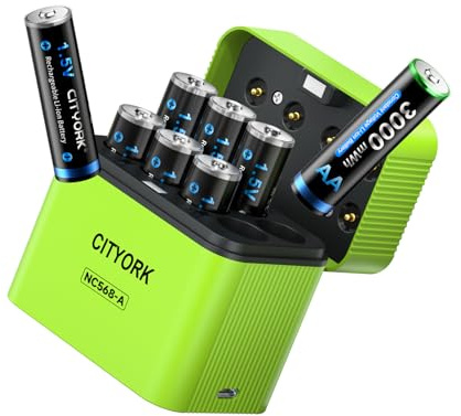 CITYORK 8 Pilas de Litio Recargables AA con Cargador, batería AA de Litio de Alta Capacidad de 1,5 V de 3000 mWh con Caja de Almacenamiento integrada