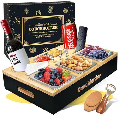 Couchbar Snackbox, Couch Bar Snackbar mit Geschenkbox, Sofa Tablett mit 3 Snackschalen, Sofatablett Snackbox mit Flaschenöffner, Snackbar Couch mit Abnehmbarer für Sofa, Bett, Camping (Schwarz A)