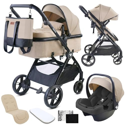 Twinly - Passeggino Trio 3 in 1 – Sistema Modulare con Carrozzina per Neonati, Ovetto Auto & Passeggino Leggero 25 kg portata – FABULY – Pieghevole con Borsa, Zanzariera e Parapioggia – [Beige]