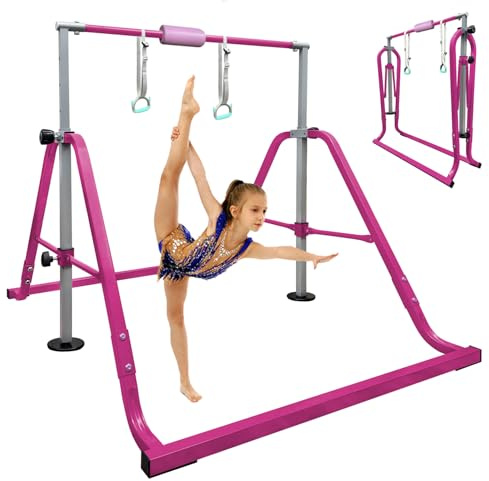HomeSun Gymnastikstange Kinder mit Verstellbarer Höhen 80-130cm Gymnastics Bars Faltbarer Turnreck Stabil Reckstange Outdoor Indoor Trainingsstange (Rosa)