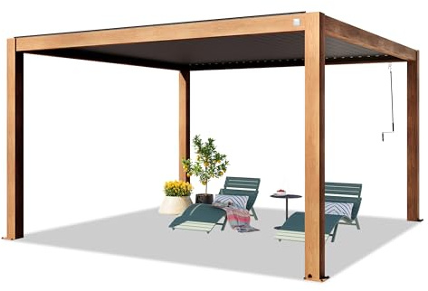 PRIMEYARD Pergola 4x4 m poteaux Aspect Bois en Aluminium avec Lames orientables en Acier pavillon