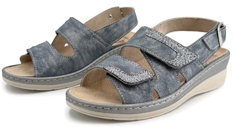 JOMIX Sandali Donna Zeppa Ortopedici Comodi con Plantare Estraibile in Vera Pelle Doppio Strappo e Fibbia Regolabile Scarpe Anziani Ergonomici Anatomici per Piedi Delicati e Maturi Blu 39