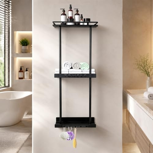 HSUYUN Toalleros de Baño con 3 Estantes, Soporte para Toallas de Invitados de Pared, Toallero de Pared con 5 Pequeños Ganchos, Multifuncional Estante Toallero Baño, para Hogar, Peluquería, Hotel