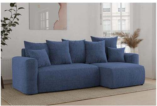MEBLINI Schlafcouch mit Bettkasten - 238x142x73cm - Blau Cordstoff - Dave - Kleines Ecksofa mit Schlaffunktion - Sofa mit Relaxfunktion und Kissen - Kleine Couch L-Form - Eckcouch