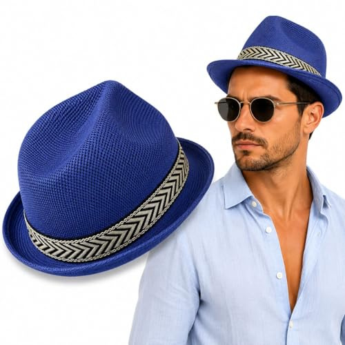 OTHERWISETRIVIAL Chapeau de paille unisexe style Panama Fedora pour la plage et le style décontracté, Jazz bleu, Taille Unique