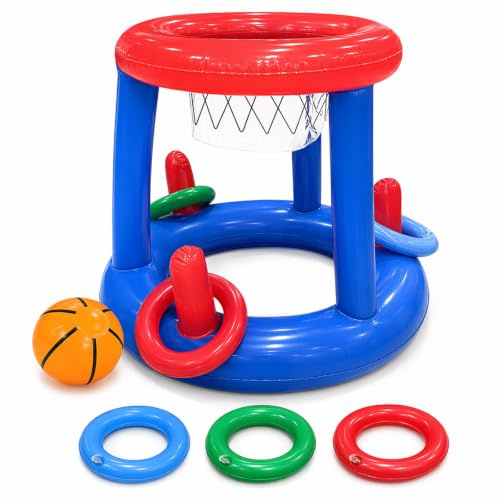 Pool Basketball Hoop,5 pcs Inflatable Pool Toys Set for Swimming Pool Games, Includes Basketball and Rings for Recreation,Water Sports Equipment with 56x50cm Frame and Accessories