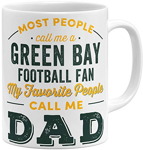 OM3® Green-Bay-Fan Tasse - Keramik Becher - American Football Mug - 11oz 325ml - Beidseitig Bedruckt - Weiss