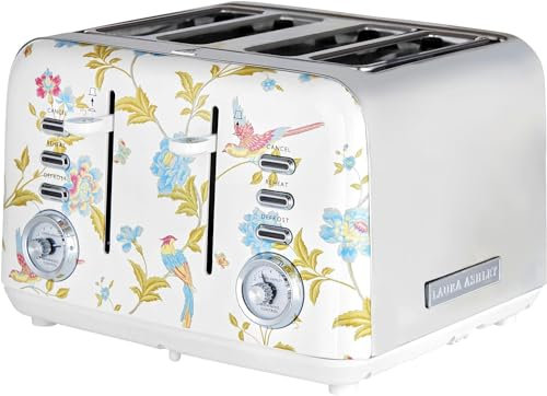 VQ Laura Ashley Tostapane Vintage 4 Fette - Riscaldamento Regolabili, Scongelamento e Modalità di Riscaldamento. Acciaio Inossidabile Tosta Pane con Croissant Scaffale Riscaldante - Elveden Bianco