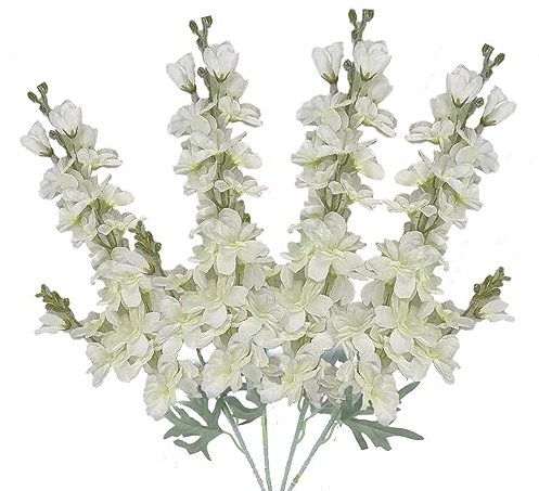 FERIAL Artificial Delphinium Flowers White Larkspur Faux Snapdragon Long Stem Fake Plant Spray Arrangement for Home Garden Wedding Arrangement Table Vase Decor (White)