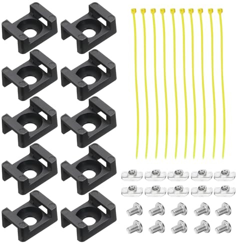 sourcing map 10Pcs Cable Zip Tie Base 6.5mm Hole Dia Saddle Type Wire Holder for 40 Series European Standard Aluminum Extrusion with M5 Screws, Nuts, Ties Black