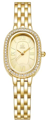 SHENGKE SK Women’s Oval-Shaped Crystal-Accented Solid Alloy Steel Bracelet Watch (Gold)