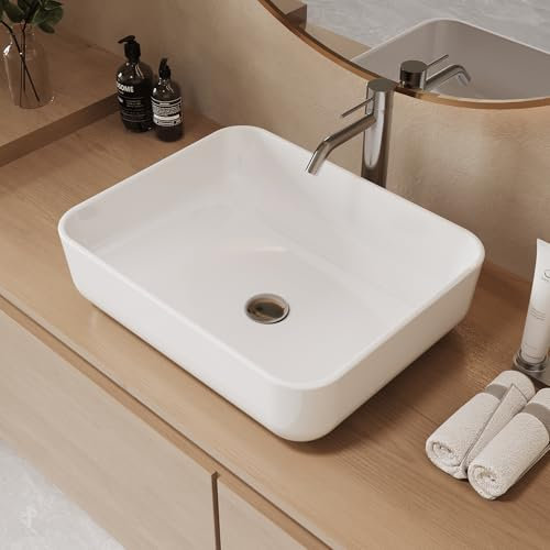 MIJIC Évier de salle de bain rectangulaire en céramique à poser sur le plan de travail, petit évier en porcelaine pour toilettes, lavabo moderne de 50 x 40 cm, blanc
