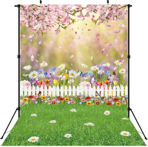 Frühlings-Fotografie-Hintergrund mit Naturlandschaft, Frühlingsblumen, Grüner Rasen für Ostern, Kinder, Babyparty, Geburtstag, Party, Dekoration, Foto-Requisiten (150 x