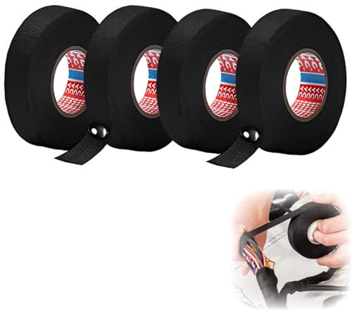 banjiabb 4 Stück 19mm x 12m Kabelbaum Klebeband,Gewebeband,Gewebeklebeband,Filzband,Gewebeband Schwarz,Stoffklebeband,Stoff Klebeband,Kabel Isolierband,für Kabelbäume,Haushalt Motorrad