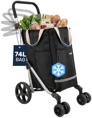Hoppa 74L Shopping Trolley on Wheels Foldable | 6 Wheel Grocery Trolley | Folding Shopping Cart for Stairs & Pavements | Lightweight Wheeled Cart with Storage Pockets and Adjustable Handle Black