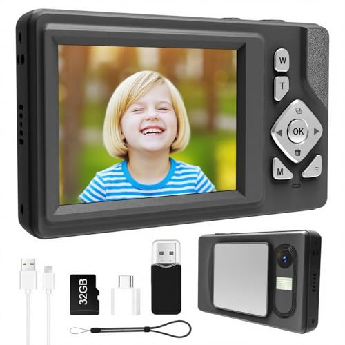 Digital Camera 48MP FHD 1080P 18X Dig Zoom Anti-Shake 7.2 cm LCD 32GB Card Vlog Camera Portable for Travel Compact Point and Shoot for Children, Teenagers, Students, Beginners (Black)