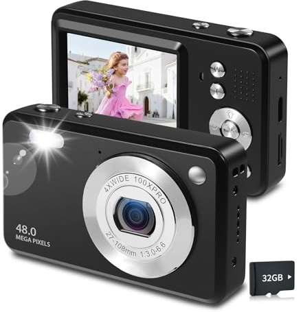 Digitalkamera 48MP 1080P FHD Kinderkamera mit 8X Digitalzoom Fotoapparat Tragbare Kompaktkamera mit 32GB Speicherkarte-Karte für Kinder Teenager Anfänger Geschenk