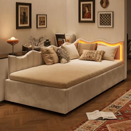 Julyue Einzelbett Polsterbett 90x200, Schlafsofa Bett mit hydraulischem Stauraum, Daybett mit LED, Gästebett jugendbett Kinderbett mit Lattenrost, Leinen, ohne Matratze (Beige Weiß, 90x200 cm)