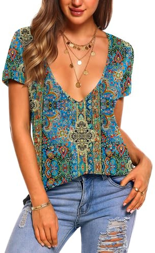 Zeagoo V Neck T Shirts for Women Summer Tops Teacher Vintage Dressy Casual Blouses Basic Tees Boho Western Fashion, L