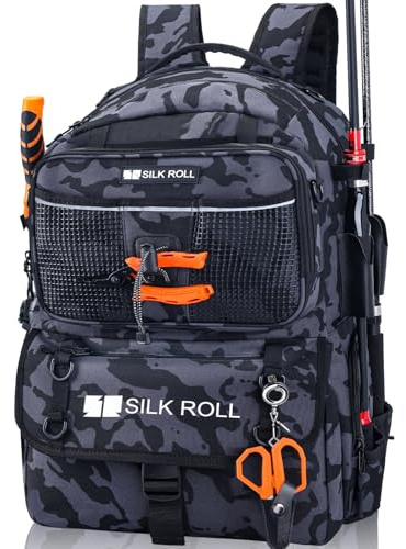 SILK ROLL 50L Fishing Tackle Backpack with Built-in Rod Holder Large Water-resistant Outdoor Fishing Bag