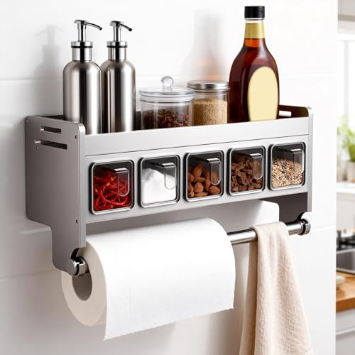 YUZINO Spice Rack With 5 Jars, Spice Rack Wall Mounted with Paper Towel Holder No Drilling Required, Stainless Steel Spices Jars with Shelf, Hanging Utensil Rack wiith Spice Jars for Kitchen