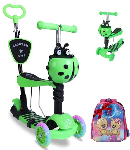 Habib 5-in-1 Kinderroller mit Sitz & passendem 3D-Kinderrucksack – Mitwachsender 3-Rad Scooter mit Schubstange, LED Rädern & Rückenlehne, höhenverstellbar für Kleinkinder Jungen & Mädchen 2-8 Jahre