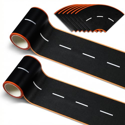 32,8 m x 7,6 cm vägtejp för leksaksbilar, bandband för barn, 2 rullar vägbanor med kurvor racerbana tejp för barn, födelsedagsfest, racingfest dekoration