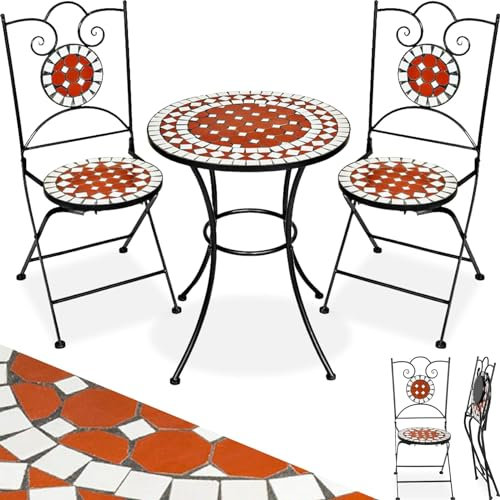 tectake® Terracotta Mosaik Bistroset, Beistelltisch rund mit 2X Stuhl, Balkonmöbel und Balkon Deko, Gartenmöbel, Terrassen Möbel Gartentisch mit Stühlen, wetterfest - braun