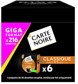 Carte Noire Classique N°5, Café en Dosette Compostables Compatibles Senseo, 6 Paquets de 36 dosettes souples (216 dosettes)