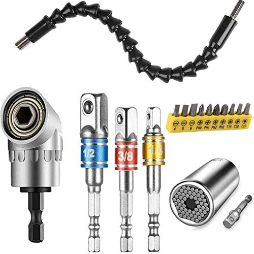 Flexible Drill Bit Extension and Universal Socket Wrench Tool Set, 105° Right Angle Drill Attachment, 1/4 3/8 1/2 Universal Socket Adapter Set, Screwdriver Bit Kit