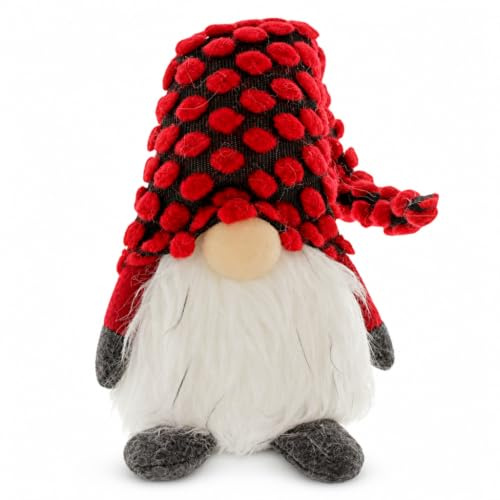 MIJOMA Weihnachtsdekoration Deko-Figur Wichtel, schwedischer Weihnachtsmann Tomte Gnom, Geschenk Weihnachten 32 cm hoch, aus Strick und Plüsch, rot grau weiß (Mütze rote Pompoms)